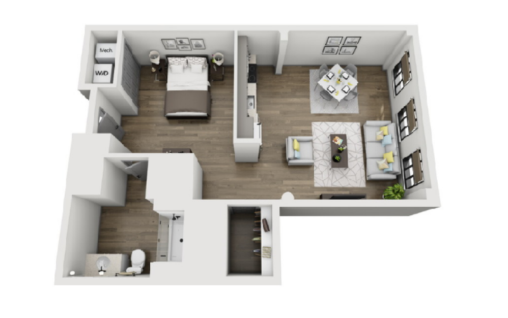 1P - Studio floorplan layout with 1 bathroom and 785 square feet (3D)