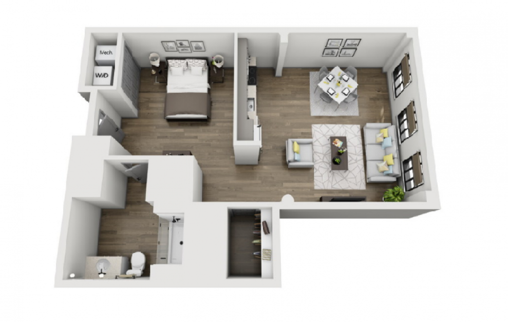 1P - Studio floorplan layout with 1 bath and 785 square feet. (3D)