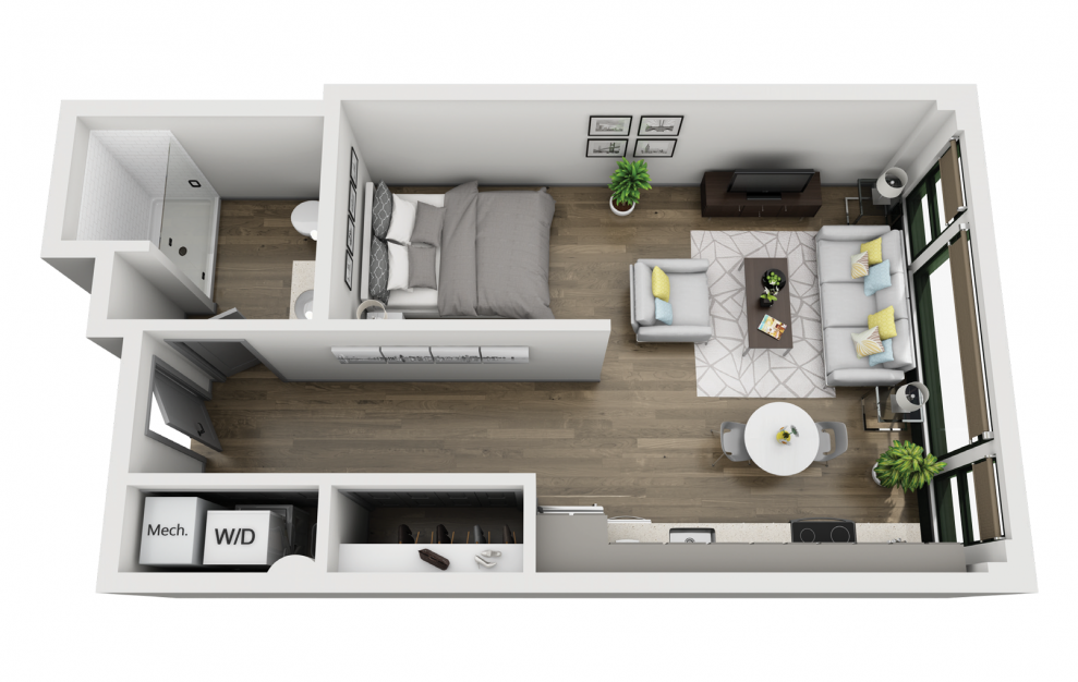 1B - Studio floorplan layout with 1 bath and 581 square feet. (3D)