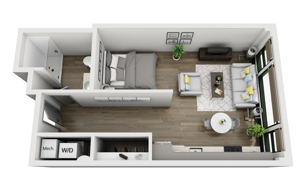 1B - Studio floorplan layout with 1 bathroom and 581 square feet (3D)