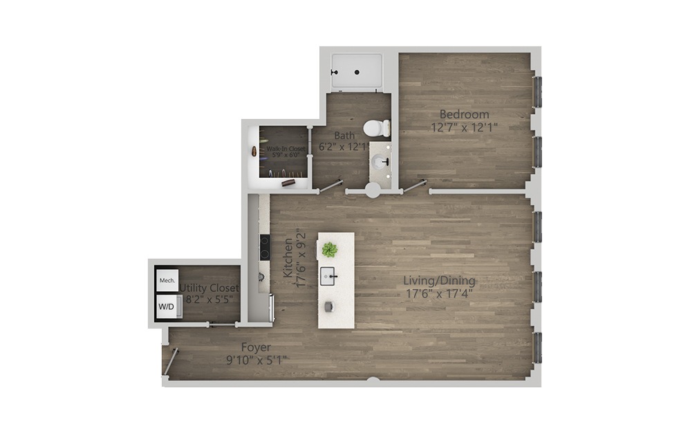 1E - 1 bedroom floorplan layout with 1 bath and 861 square feet. (2D)