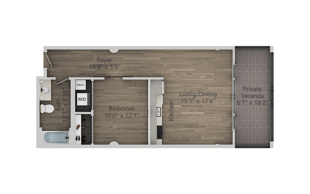 1H - 1 bedroom floorplan layout with 1 bath and 788 square feet. (2D)