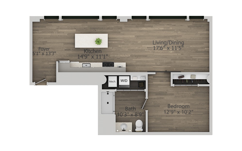 1X - 1 bedroom floorplan layout with 1 bath and 800 square feet. (2D)