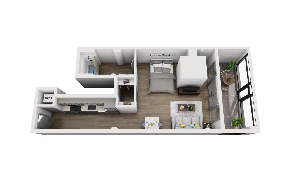 1A - Studio floorplan layout with 1 bathroom and 706 square feet (3D)