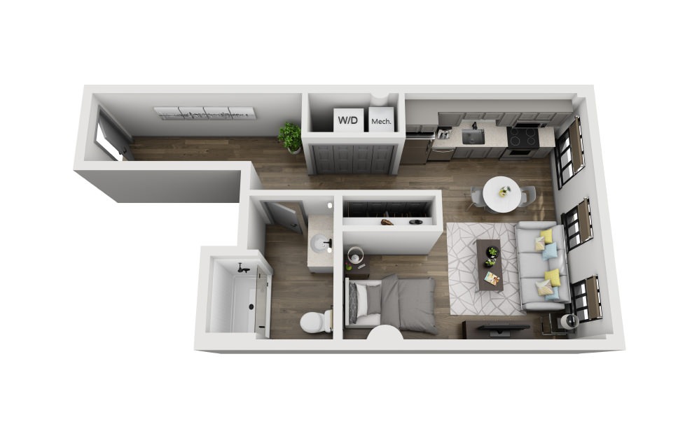 1AA - Studio floorplan layout with 1 bathroom and 535 square feet (3D)