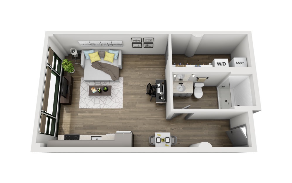 1C - Studio floorplan layout with 1 bathroom and 584 square feet (3D)