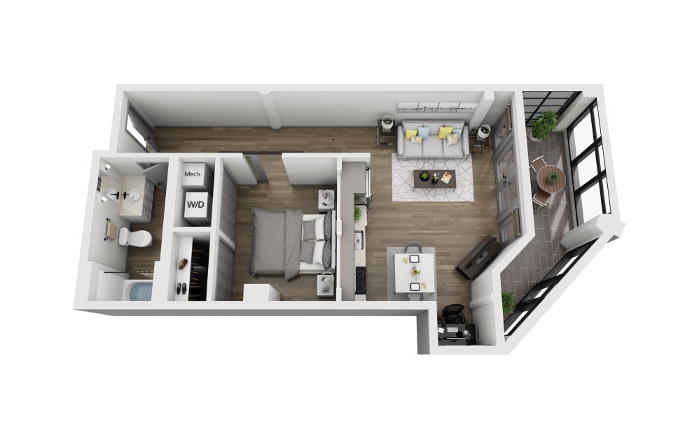 1F - 1 bedroom floorplan layout with 1 bathroom and 805 square feet (3D)