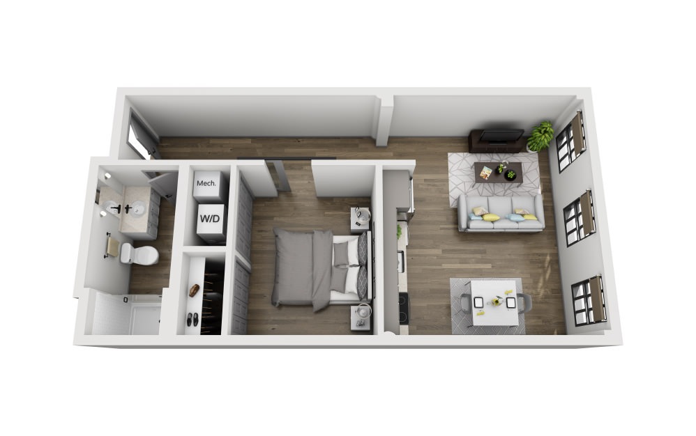 1G - 1 bedroom floorplan layout with 1 bathroom and 655 square feet (3D)