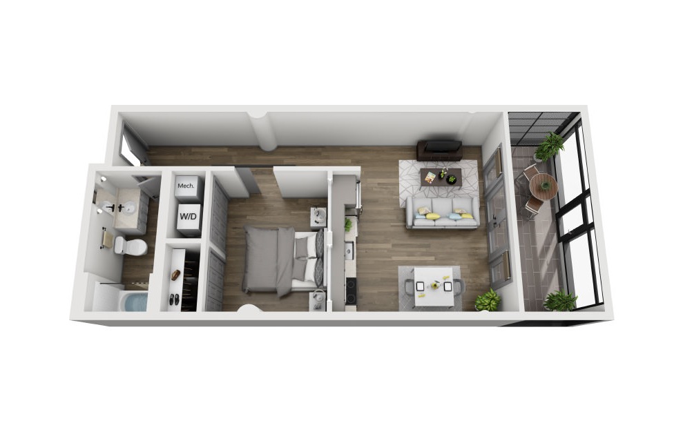 1H - 1 bedroom floorplan layout with 1 bath and 788 square feet. (3D)