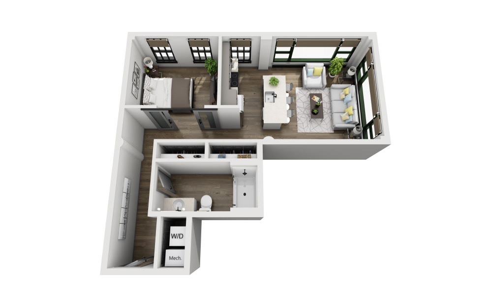 1L - 1 bedroom floorplan layout with 1 bathroom and 691 square feet (3D)