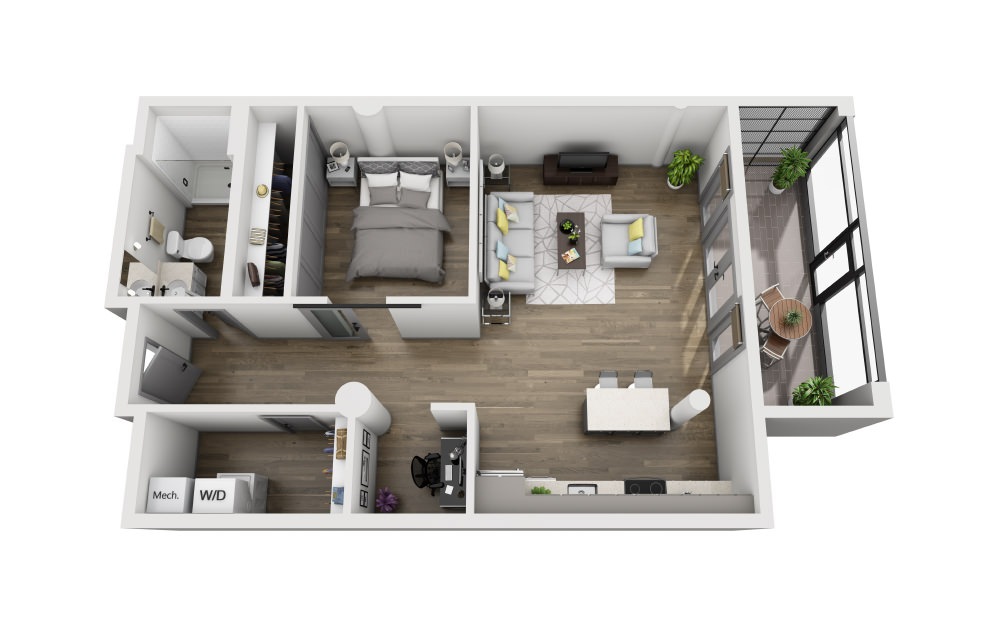 1S - 1 bedroom floorplan layout with 1 bathroom and 1062 square feet (3D)