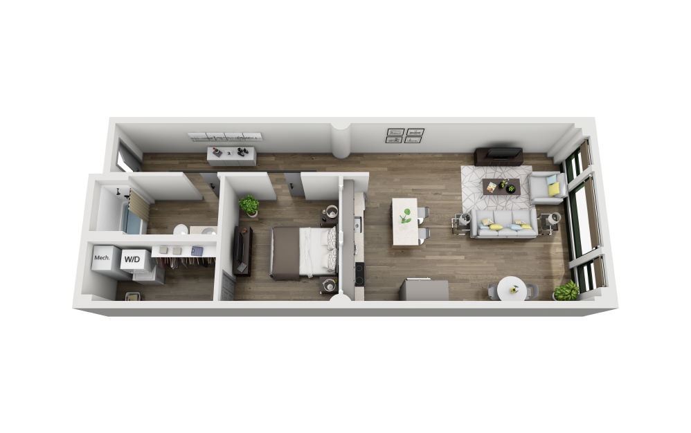 1T - 1 bedroom floorplan layout with 1 bathroom and 873 square feet (3D)