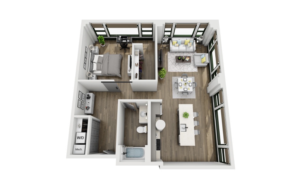 1U - 1 bedroom floorplan layout with 1 bathroom and 987 square feet (3D)