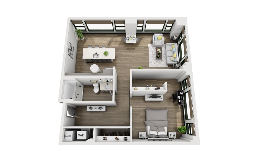 1V - 1 bedroom floorplan layout with 1 bathroom and 1030 square feet (3D)