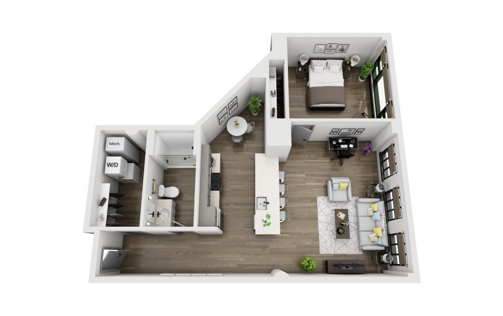 1W - 1 bedroom floorplan layout with 1 bathroom and 928 square feet (3D)