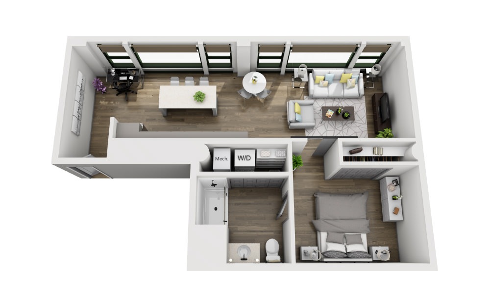 1X - 1 bedroom floorplan layout with 1 bathroom and 800 square feet (3D)