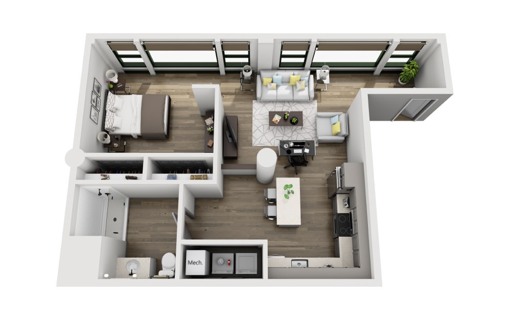 1Y - 1 bedroom floorplan layout with 1 bathroom and 787 square feet (3D)