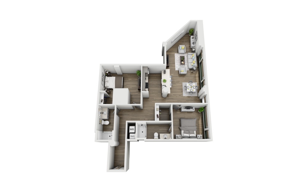 2A - 2 bedroom floorplan layout with 2 bathrooms and 1318 square feet (3D)