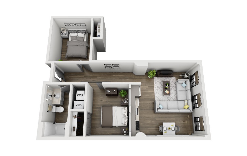 2B - 2 bedroom floorplan layout with 1 bath and 844 square feet. (3D)