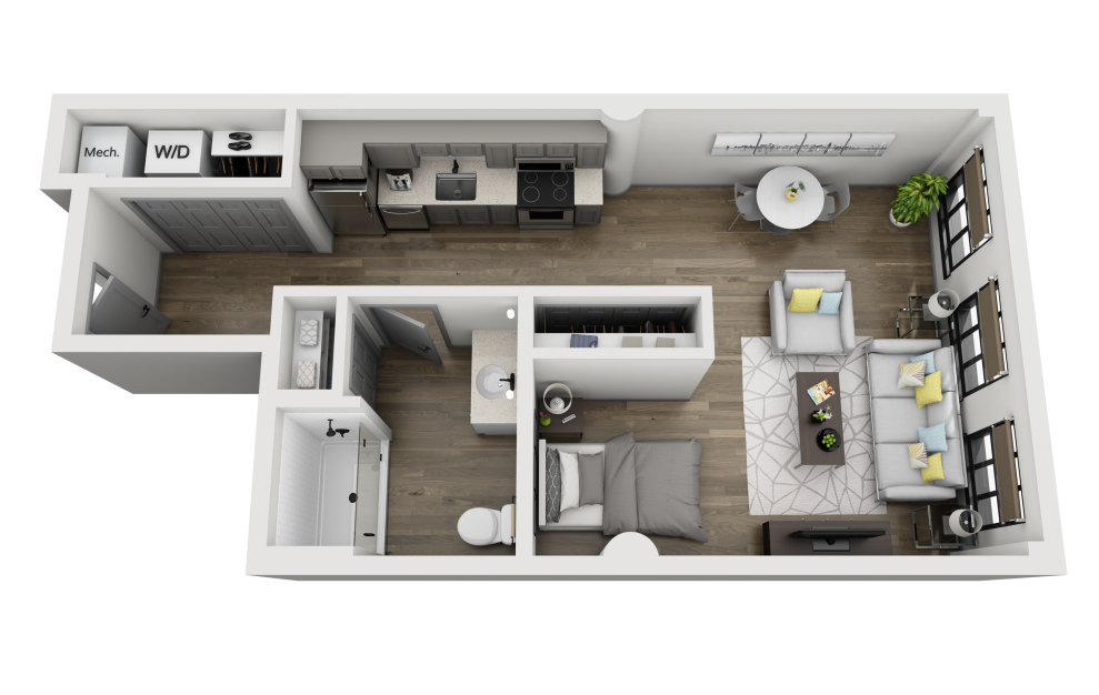 1D - Studio floorplan layout with 1 bath and 608 square feet. (3D)
