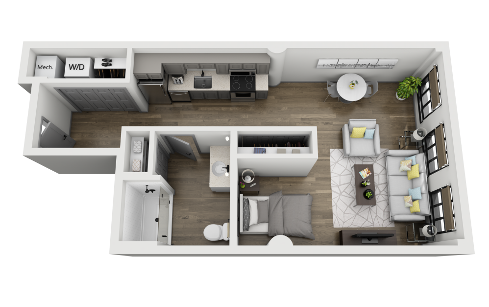 1D - Studio floorplan layout with 1 bathroom and 608 square feet (3D)