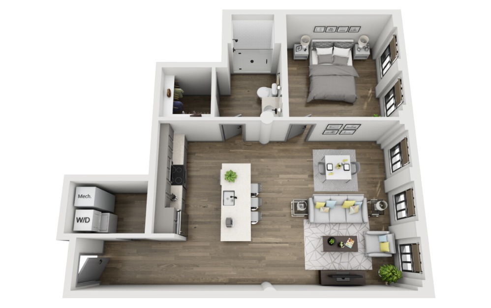 1E - 1 bedroom floorplan layout with 1 bathroom and 861 square feet (3D)