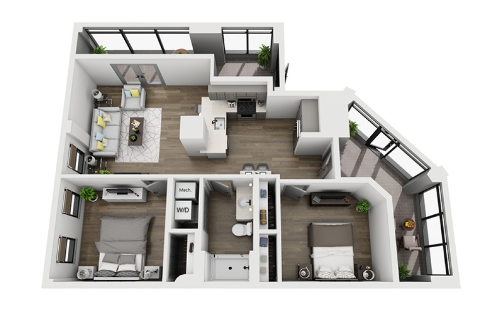 2C - 2 bedroom floorplan layout with 1 bathroom and 1147 square feet (3D)