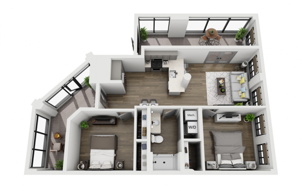 2D - 2 bedroom floorplan layout with 1 bath and 1144 square feet. (3D)