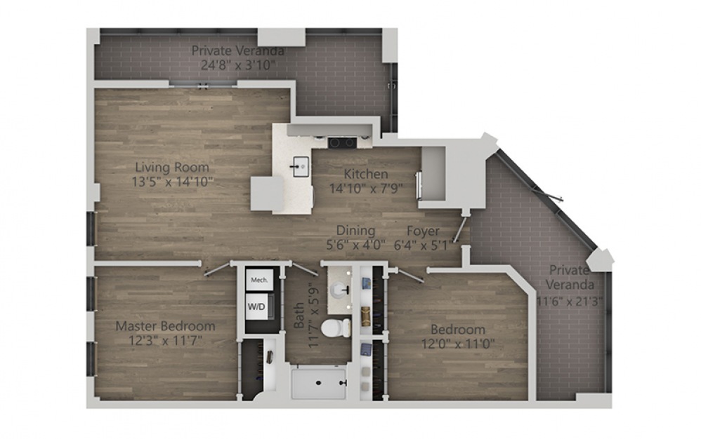 2C - 2 bedroom floorplan layout with 1 bathroom and 1147 square feet (2D)