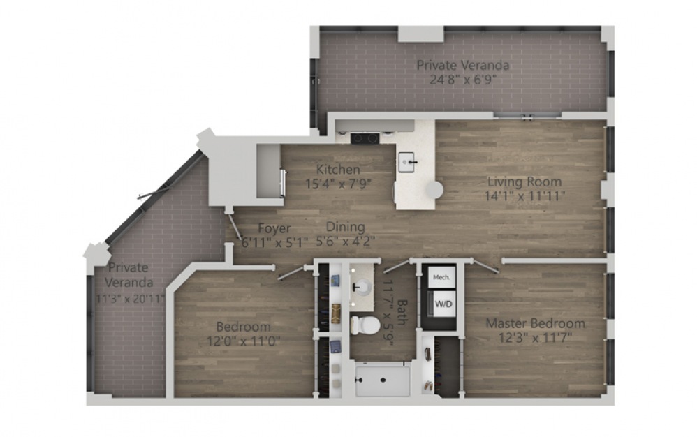 2D - 2 bedroom floorplan layout with 1 bath and 1144 square feet. (2D)